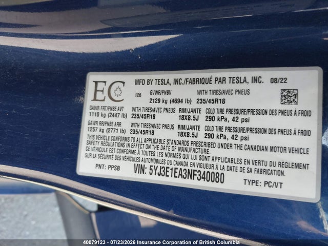 Продажа на аукционе авто 2022 Tesla Model 3, vin: 5YJ3E1EA3NF340080, номер лота: 40079123