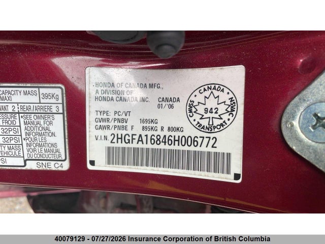 2006 Honda Civic მანქანა იყიდება აუქციონზე, vin: 2HGFA16846H006772, აუქციონის ნომერი: 40079129