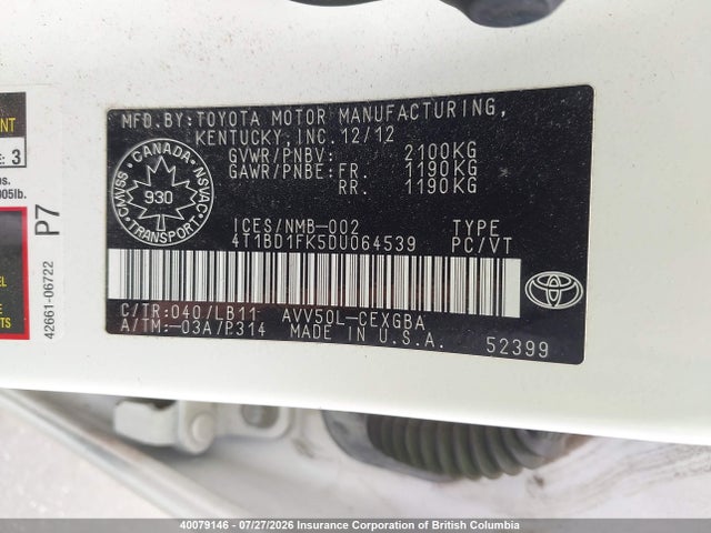 Продаж на аукціоні авто 2013 Toyota Camry, vin: 4T1BD1FK5DU064539, номер лоту: 40079146