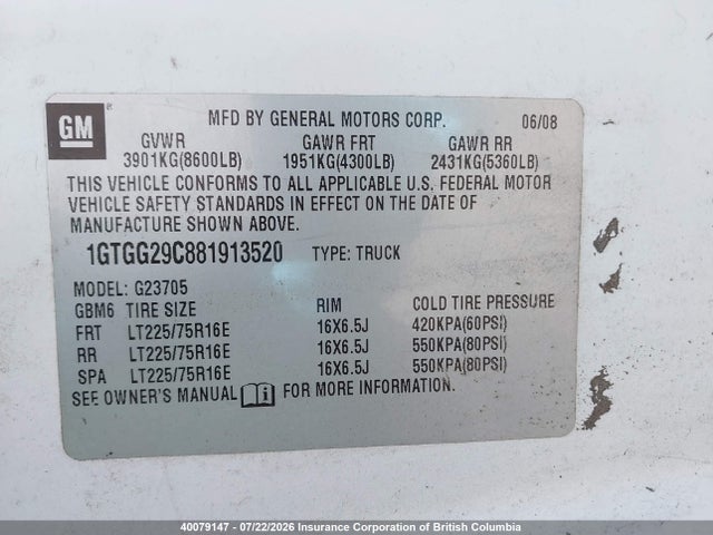 Aukcja sprzedaży 2008 Gmc Savana Work Van, vin: 1GTGG29C881913520, numer aukcji: 40079147