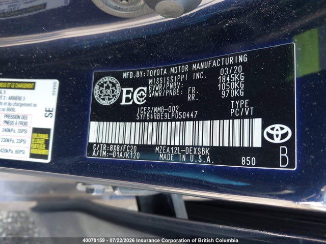 Toyota Corolla Se/xse 2020 5YFB4RBE9LP050447 Image 9