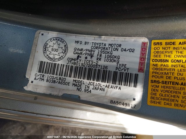 Aukcja sprzedaży 2002 Lexus Is 300 300, vin: JTHBD192720057126, numer aukcji: 40071447