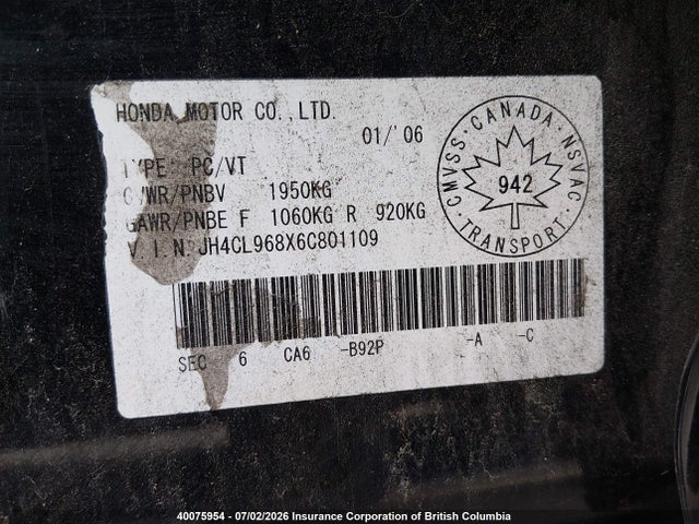 2006 Acura Tsx მანქანა იყიდება აუქციონზე, vin: JH4CL968X6C801109, აუქციონის ნომერი: 40075954