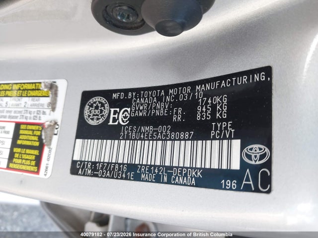 40079182 :رقم المزاد ، 2T1BU4EE5AC380887 vin ، 2010 Toyota Corolla Ce مزاد بيع