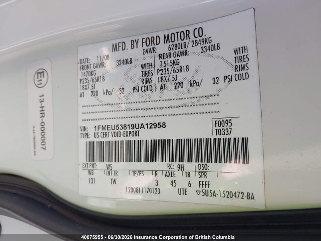 Продажа на аукционе авто 2009 Ford Explorer Sport Trac Limited, vin: 1FMEU53819UA12958, номер лота: 40075955