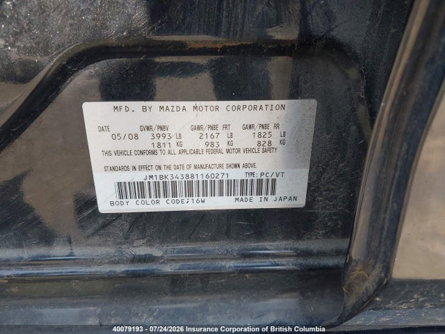 40079193 :رقم المزاد ، JM1BK343881160271 vin ، 2008 Mazda Mazda3 Gs/gt مزاد بيع