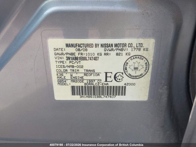 40079198 :رقم المزاد ، 3N1AB61E88L747407 vin ، 2008 Nissan Sentra 2.0 مزاد بيع