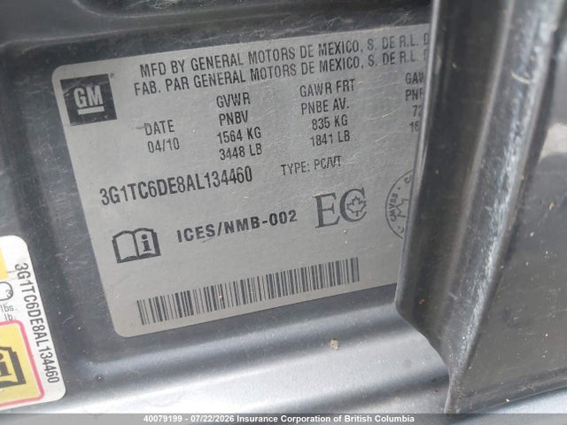 2010 Chevrolet Aveo მანქანა იყიდება აუქციონზე, vin: 3G1TC6DE8AL134460, აუქციონის ნომერი: 40079199