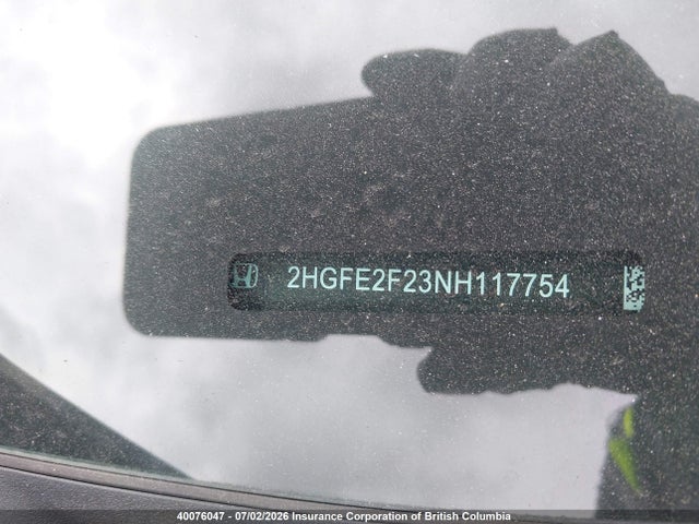 40076047 :رقم المزاد ، 2HGFE2F23NH117754 vin ، 2022 Honda Civic Lx مزاد بيع
