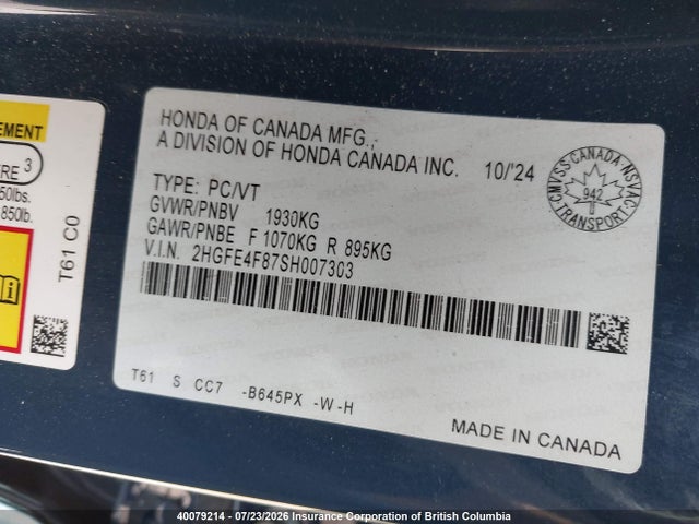 Honda Civic 2025 2HGFE4F87SH007303 Image 9