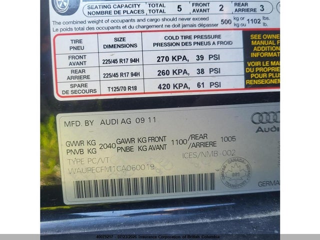 2012 Audi A3 მანქანა იყიდება აუქციონზე, vin: WAUPECFM1CA060019, აუქციონის ნომერი: 40079217