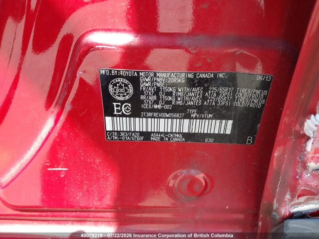 2013 Toyota Rav4 მანქანა იყიდება აუქციონზე, vin: 2T3RFREV0DW056827, აუქციონის ნომერი: 40079219