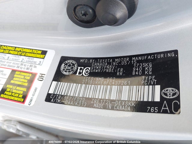 40076080 :رقم المزاد ، 2T1BURHE8FC437261 vin ، 2015 Toyota Corolla L/le/le Pls/prm/s/s Pls مزاد بيع