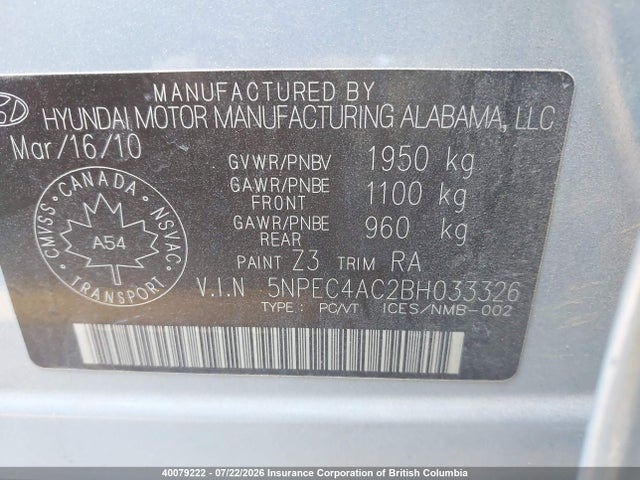 40079222 :رقم المزاد ، 5NPEC4AC2BH033326 vin ، 2011 Hyundai Sonata Se/limited مزاد بيع