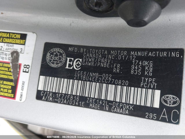 Продаж на аукціоні авто 2012 Toyota Corolla S/le, vin: 2T1BU4EE2CC770820, номер лоту: 40075696