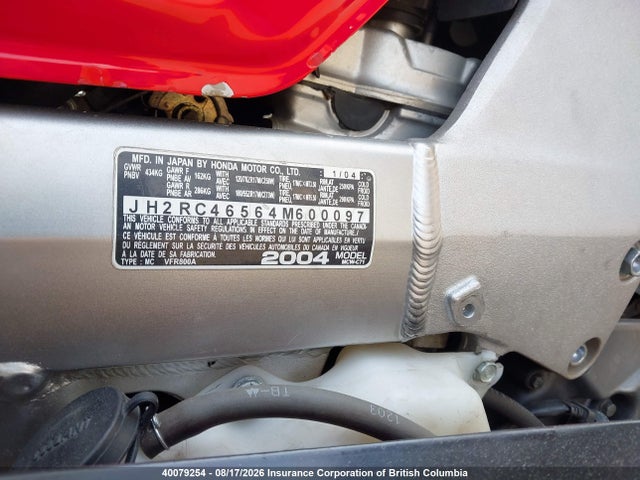 40079254 :رقم المزاد ، JH2RC46564M600097 vin ، 2004 Honda Vfr800 F1 مزاد بيع