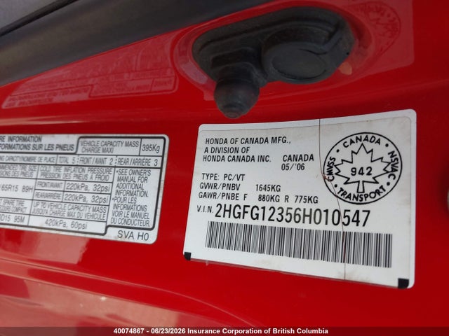 Продажа на аукционе авто 2006 Honda Civic Dx Vp, vin: 2HGFG12356H010547, номер лота: 40074867