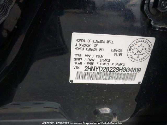 40079272 :رقم المزاد ، 2HNYD28228H004819 vin ، 2008 Acura Mdx مزاد بيع