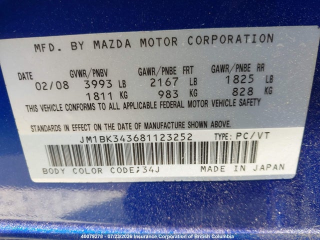 Aukcja sprzedaży 2008 Mazda 3 Hatchback, vin: JM1BK343681123252, numer aukcji: 40079278