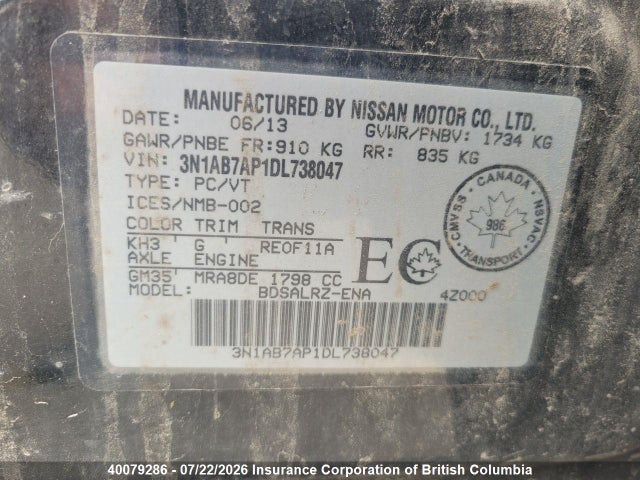 40079286 :رقم المزاد ، 3N1AB7AP1DL738047 vin ، 2013 Nissan Sentra S/sv/sr/sl مزاد بيع