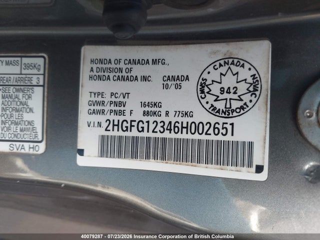 Продажа на аукционе авто 2006 Honda Civic, vin: 2HGFG12346H002651, номер лота: 40079287