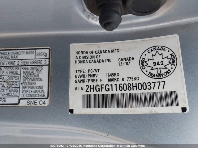 Продажа на аукционе авто 2008 Honda Civic, vin: 2HGFG11608H003777, номер лота: 40079292