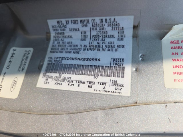 Продаж на аукціоні авто 1992 Ford F150, vin: 1FTEX14N9NKB20954, номер лоту: 40079296