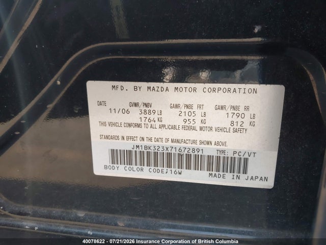 40078622 :رقم المزاد ، JM1BK323X71672891 vin ، 2007 Mazda 3 S مزاد بيع