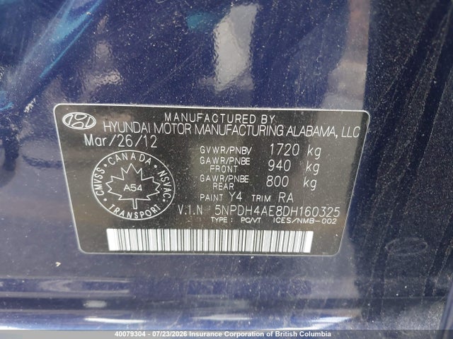 40079304 :رقم المزاد ، 5NPDH4AE8DH160325 vin ، 2013 Hyundai Elantra Gls/limited مزاد بيع