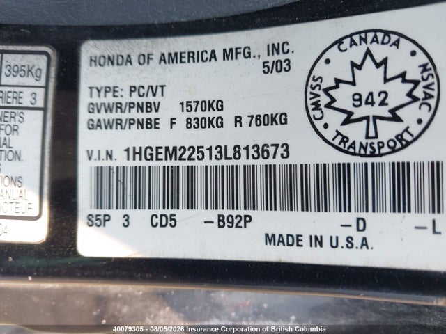 40079305 :رقم المزاد ، 1HGEM22513L813673 vin ، 2003 Honda Civic مزاد بيع