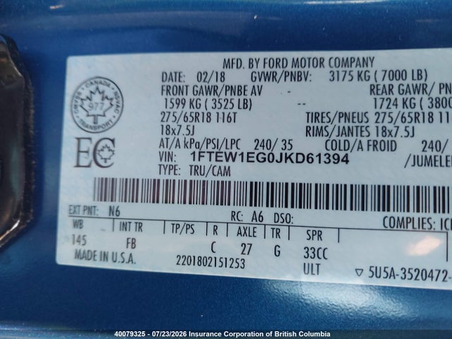 Aukcja sprzedaży 2018 Ford F150, vin: 1FTEW1EG0JKD61394, numer aukcji: 40079325