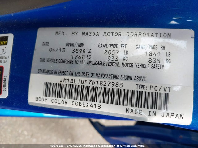 Aukcja sprzedaży 2013 Mazda 3 I, vin: JM1BL1UF7D1827983, numer aukcji: 40079328