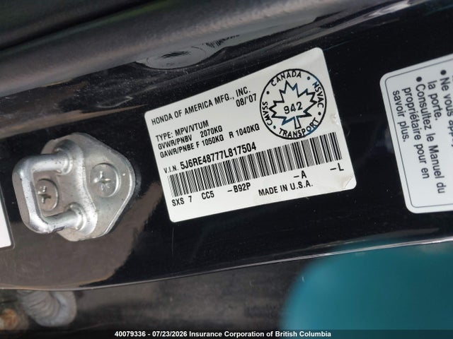 Aukcja sprzedaży 2007 Honda Cr-v, vin: 5J6RE48777L817504, numer aukcji: 40079336