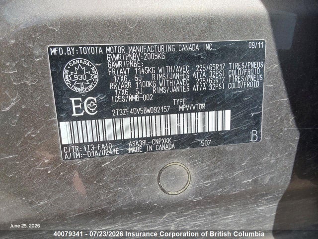 Aukcja sprzedaży 2011 Toyota Rav4, vin: 2T3ZF4DV5BW092157, numer aukcji: 40079341
