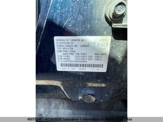40079344 :رقم المزاد ، 2HNYD2H7XAH000695 vin ، 2010 Acura Mdx مزاد بيع