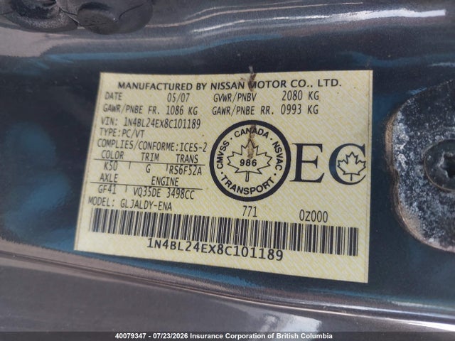 40079347 :رقم المزاد ، 1N4BL24EX8C101189 vin ، 2008 Nissan Altima 3.5se مزاد بيع