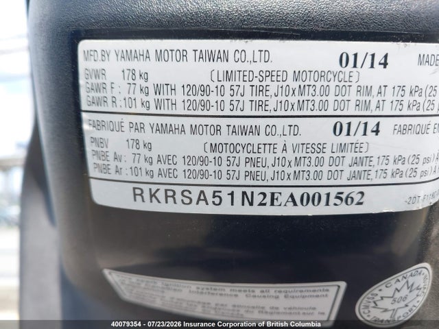 40079354 :رقم المزاد ، RKRSA51N2EA001562 vin ، 2014 Yamaha Yw50 Fx مزاد بيع
