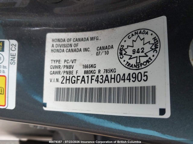 Aukcja sprzedaży 2010 Honda Civic, vin: 2HGFA1F43AH044905, numer aukcji: 40079357
