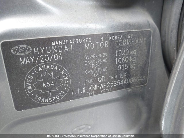 40079384 :رقم المزاد ، KMHWF25S54A086643 vin ، 2004 Hyundai Sonata Gl مزاد بيع