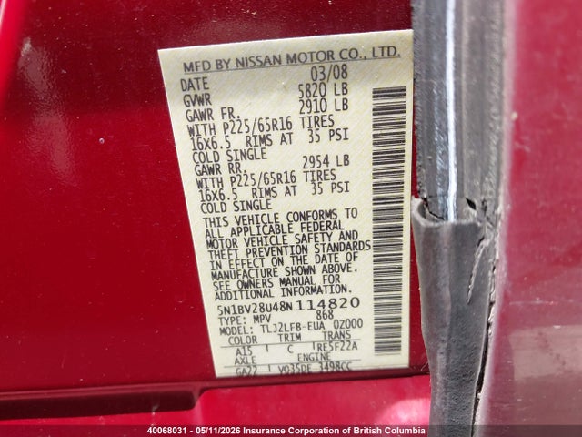 40068031 :رقم المزاد ، 5N1BV28U48N114820 vin ، 2008 Nissan Quest S/se/sl مزاد بيع