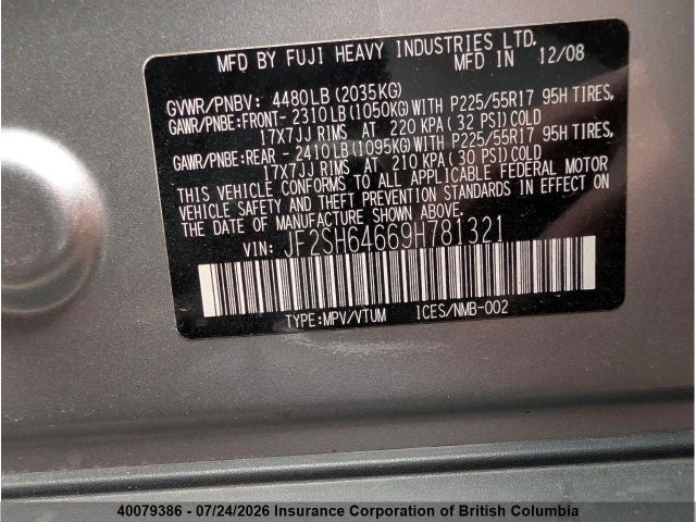 Продаж на аукціоні авто 2009 Subaru Forester 2.5x Limited, vin: JF2SH64669H781321, номер лоту: 40079386