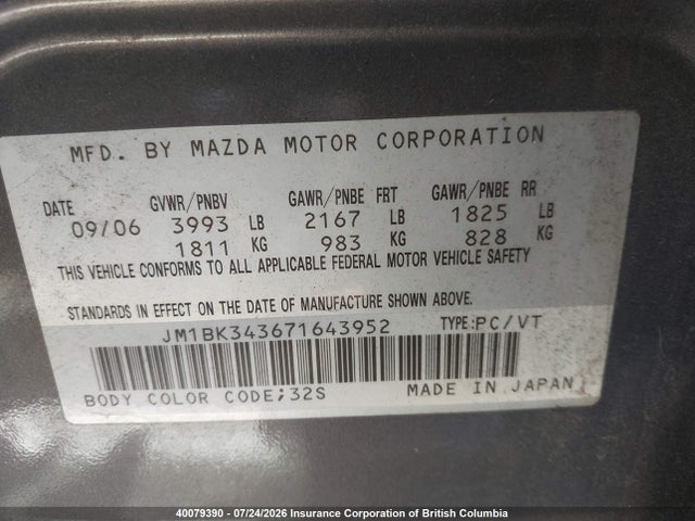 40079390 :رقم المزاد ، JM1BK343671643952 vin ، 2007 Mazda 3 Hatchback مزاد بيع