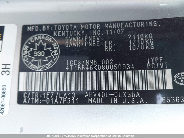 Продаж на аукціоні авто 2008 Toyota Camry, vin: 4T1BB46K08U050934, номер лоту: 40079391