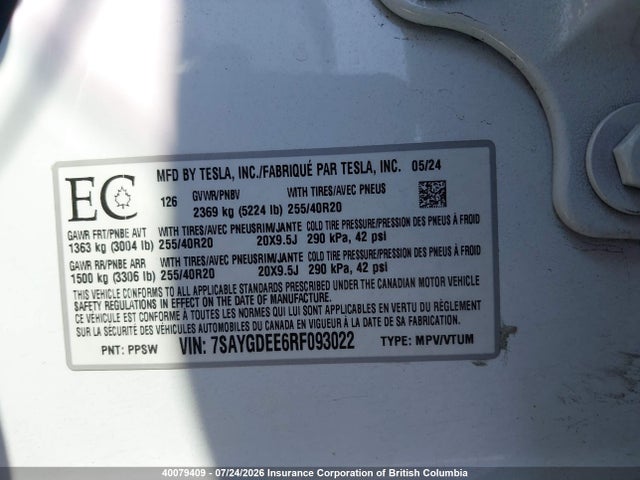 40079409 :رقم المزاد ، 7SAYGDEE6RF093022 vin ، 2024 Tesla Model Y مزاد بيع