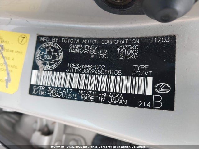 Продаж на аукціоні авто 2004 Lexus Es330, vin: JTHBA30G945018105, номер лоту: 40079410