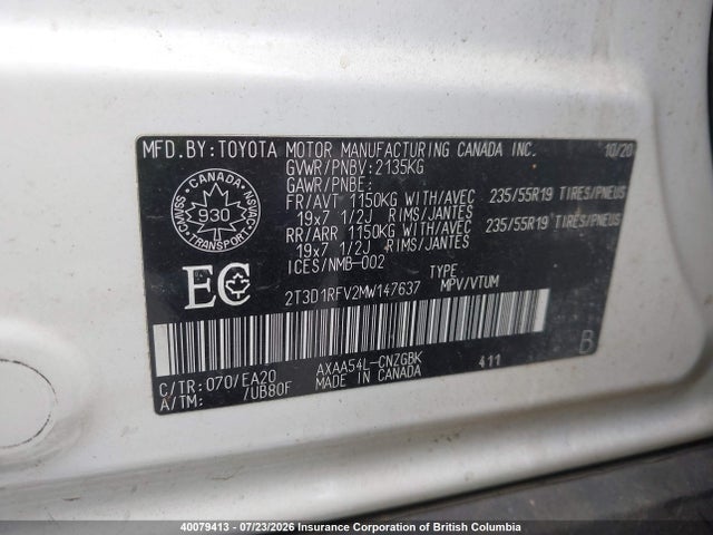 Продажа на аукционе авто 2021 Toyota Rav4, vin: 2T3D1RFV2MW147637, номер лота: 40079413
