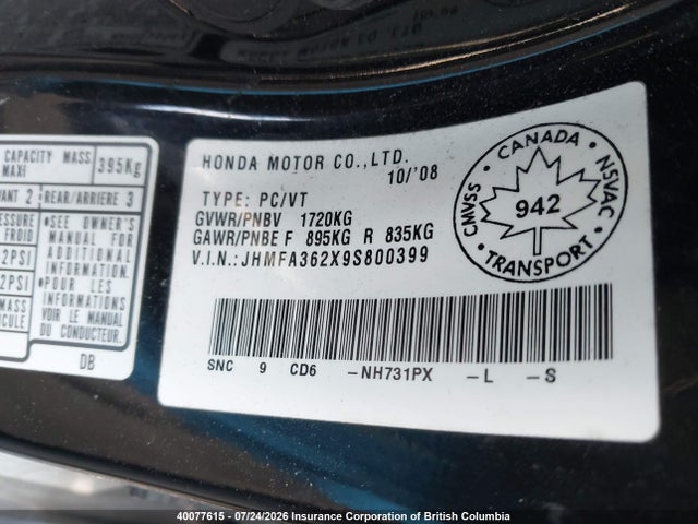 Продаж на аукціоні авто 2009 Honda Civic Hybrid, vin: JHMFA362X9S800399, номер лоту: 40077615