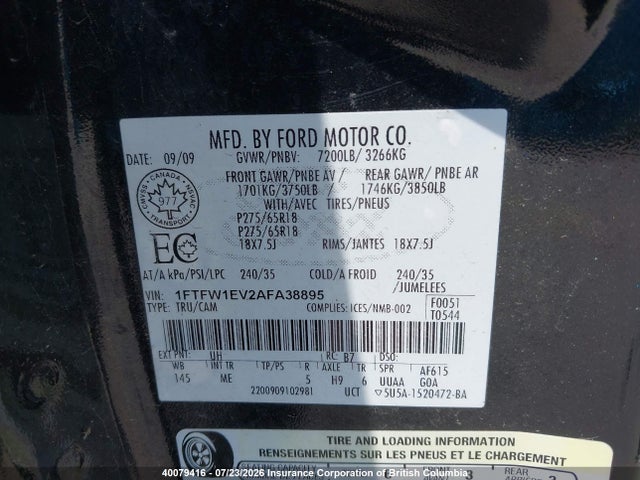 40079416 :رقم المزاد ، 1FTFW1EV2AFA38895 vin ، 2010 Ford F150 مزاد بيع