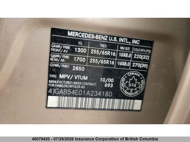 Продаж на аукціоні авто 2001 Mercedes-benz Ml 320, vin: 4JGAB54E01A234180, номер лоту: 40079420