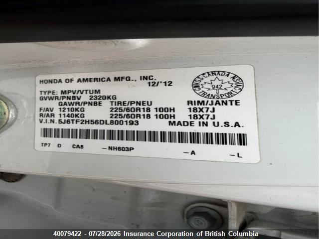 Продаж на аукціоні авто 2013 Honda Crosstour Ex-l, vin: 5J6TF2H56DL800193, номер лоту: 40079422
